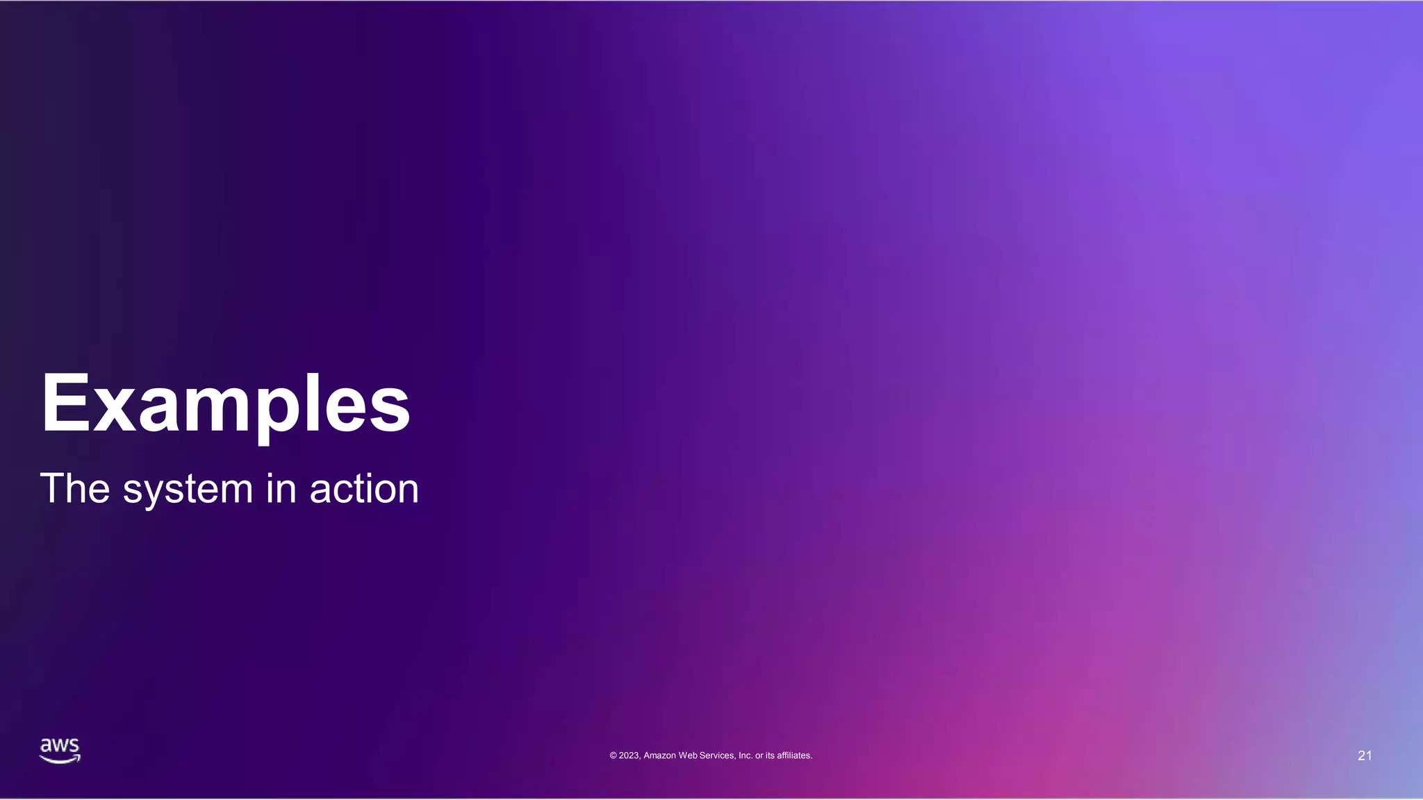 21
Examples
The system in action
© 2023, Amazon Web Services, Inc. or its affiliates.
 