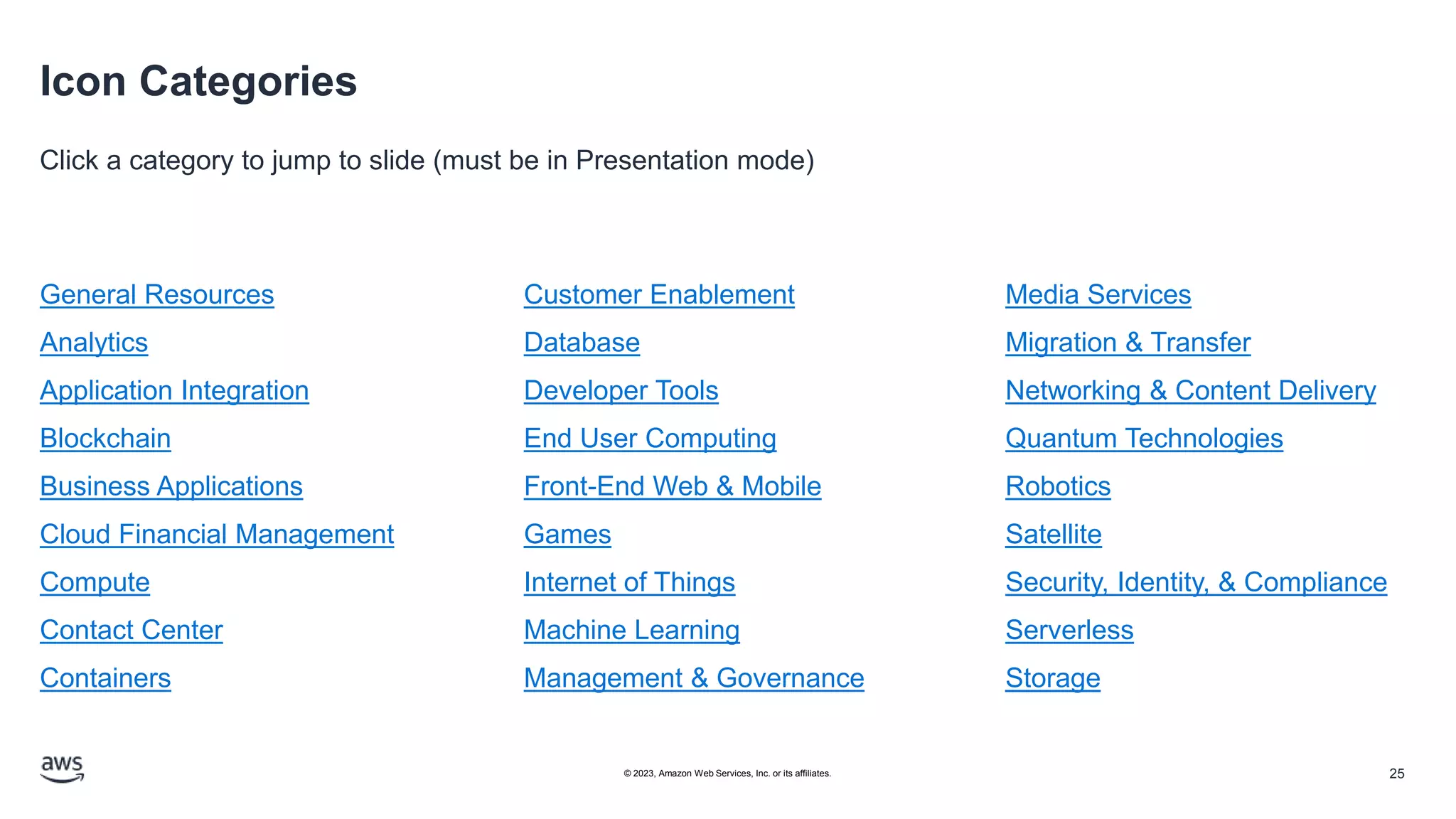 Icon Categories
Click a category to jump to slide (must be in Presentation mode)
General Resources
Analytics
Application Integration
Blockchain
Business Applications
Cloud Financial Management
Compute
Contact Center
Containers
Customer Enablement
Database
Developer Tools
End User Computing
Front-End Web & Mobile
Games
Internet of Things
Machine Learning
Management & Governance
Media Services
Migration & Transfer
Networking & Content Delivery
Quantum Technologies
Robotics
Satellite
Security, Identity, & Compliance
Serverless
Storage
25
© 2023, Amazon Web Services, Inc. or its affiliates.
 