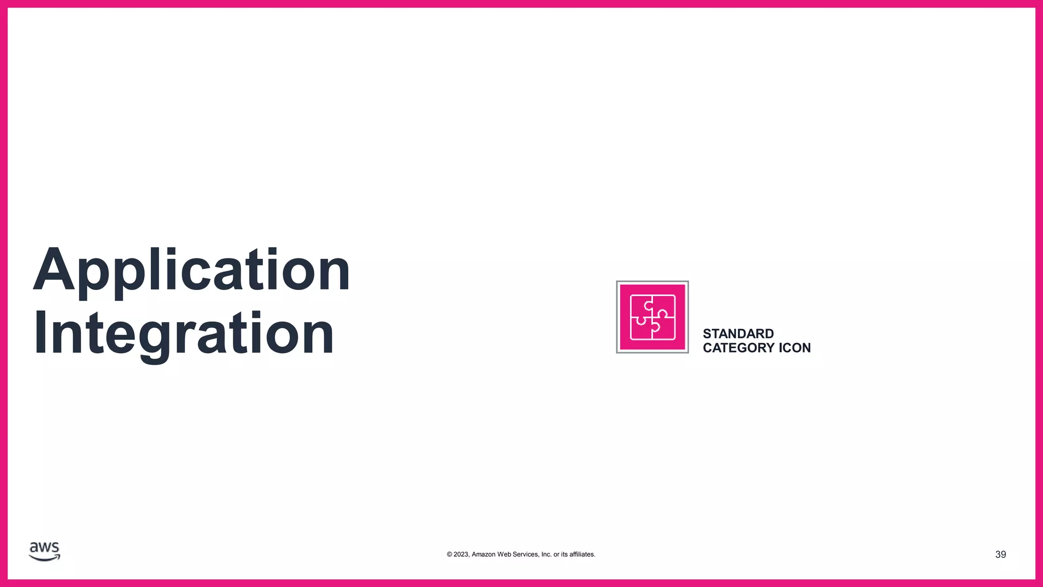 39
Application
Integration STANDARD
CATEGORY ICON
© 2023, Amazon Web Services, Inc. or its affiliates.
 