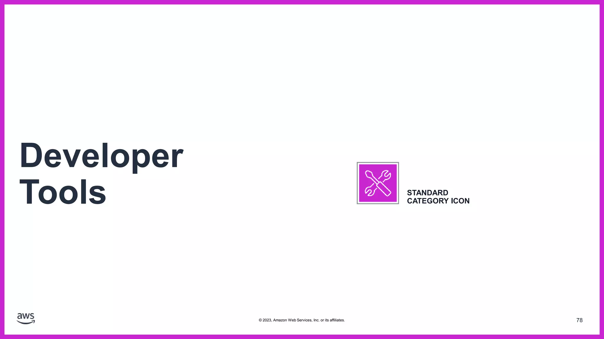 78
Developer
Tools STANDARD
CATEGORY ICON
© 2023, Amazon Web Services, Inc. or its affiliates.
 