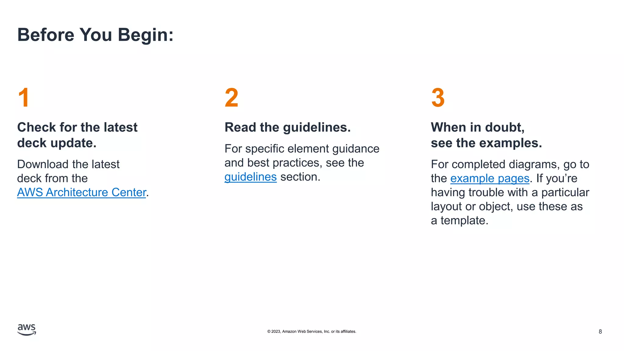 Before You Begin:
1
Check for the latest
deck update.
Download the latest
deck from the
AWS Architecture Center.
2
Read the guidelines.
For specific element guidance
and best practices, see the
guidelines section.
3
When in doubt,
see the examples.
For completed diagrams, go to
the example pages. If you’re
having trouble with a particular
layout or object, use these as
a template.
8
© 2023, Amazon Web Services, Inc. or its affiliates.
 