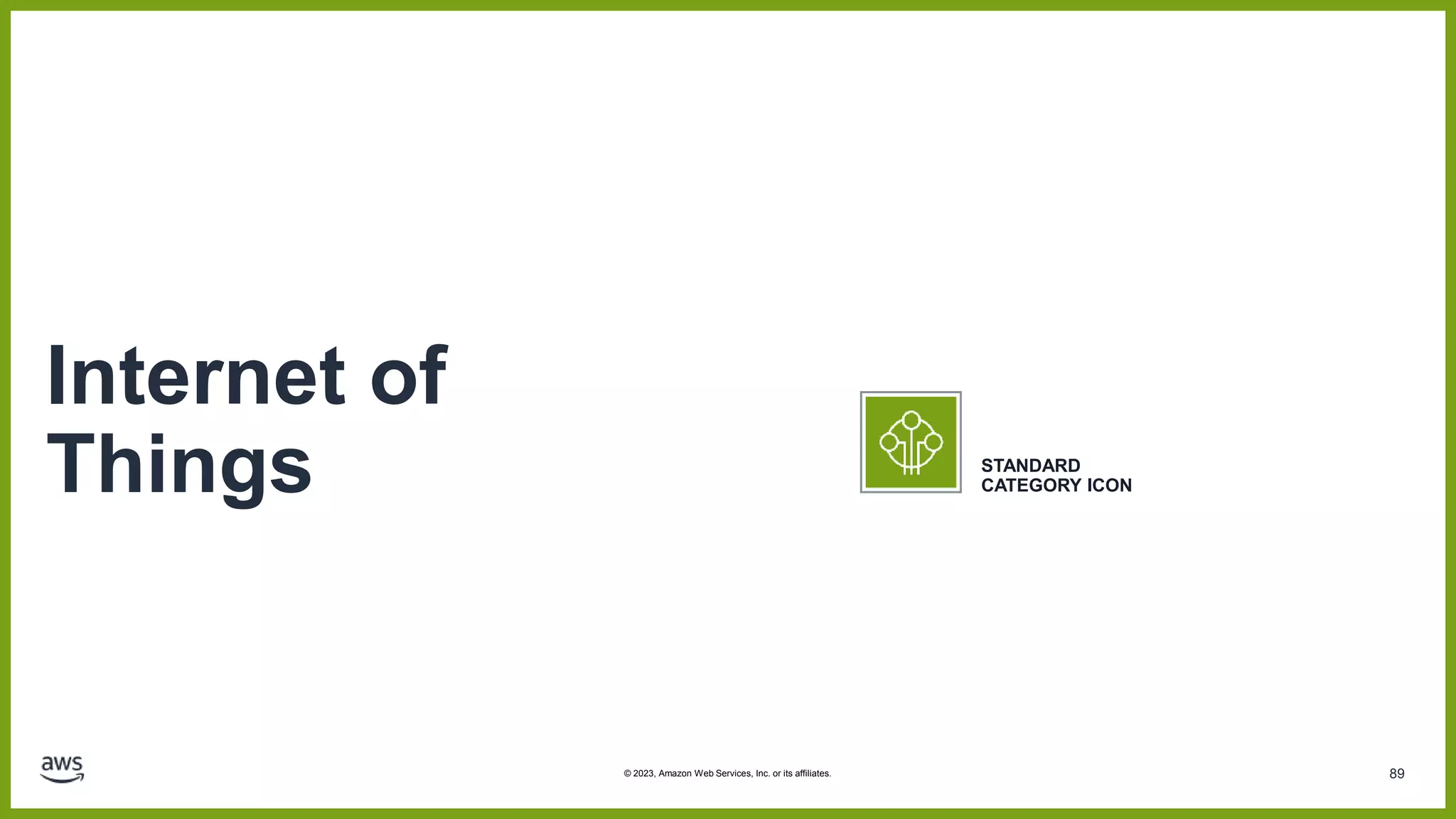 89
Internet of
Things STANDARD
CATEGORY ICON
© 2023, Amazon Web Services, Inc. or its affiliates.
 