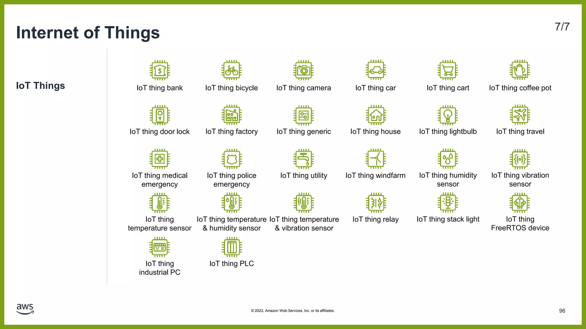 IoT Things
Internet of Things 7/7
IoT thing bicycle IoT thing camera IoT thing car IoT thing cart IoT thing coffee pot
IoT thing bank
IoT thing factory IoT thing generic IoT thing house IoT thing lightbulb IoT thing travel
IoT thing police
emergency
IoT thing utility IoT thing windfarm
IoT thing medical
emergency
IoT thing door lock
IoT thing humidity
sensor
IoT thing vibration
sensor
IoT thing temperature
& humidity sensor
IoT thing temperature
& vibration sensor
IoT thing relay
IoT thing
temperature sensor
IoT thing stack light IoT thing
FreeRTOS device
IoT thing PLC
IoT thing
industrial PC
96
© 2023, Amazon Web Services, Inc. or its affiliates.
 
