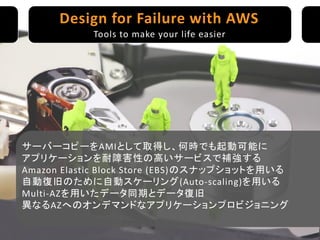 Design for Failure with AWS
            Tools to make your life easier




サーバーコピーをAMIとして取得し、何時でも起動可能に
アプリケーションを耐障害性の高いサービ...