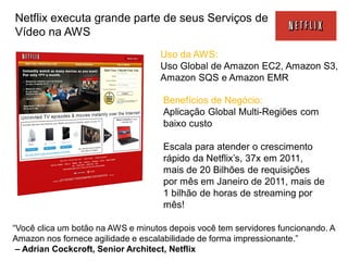 Netflix executa grande parte de seus Serviços de
Vídeo na AWS
                                    Uso da AWS:
                                    Uso Global de Amazon EC2, Amazon S3,
                                    Amazon SQS e Amazon EMR

                                    Benefícios de Negócio:
                                    Aplicação Global Multi-Regiões com
                                    baixo custo

                                    Escala para atender o crescimento
                                    rápido da Netflix’s, 37x em 2011,
                                    mais de 20 Bilhões de requisições
                                    por mês em Janeiro de 2011, mais de
                                    1 bilhão de horas de streaming por
                                    mês!

“Você clica um botão na AWS e minutos depois você tem servidores funcionando. A
Amazon nos fornece agilidade e escalabilidade de forma impressionante.”
 – Adrian Cockcroft, Senior Architect, Netflix
 