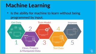 Machine Learning
• Is the ability for machine to learn without being
programmed by input.
 