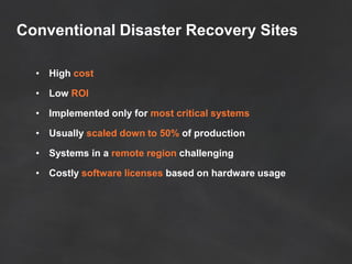 Disaster Recovery on AWS
• Unprecedented capabilities to implement DR sites
• Easily set up DR sites on different geograph...