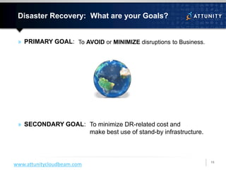 Disaster Recovery: How to Achieve Goals
16
www.attunitycloudbeam.com
» Solution:
» Mechanism: Minimize potential for Data ...