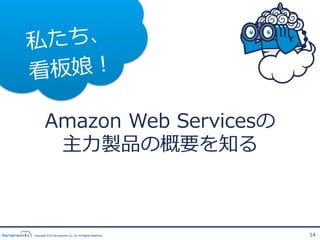 私 たち、
看 板娘！

        Amazon  Web  Servicesの
         主⼒力力製品の概要を知る



Copyright 2012 Serverworks Co, Ltd. All Rights Reserv...