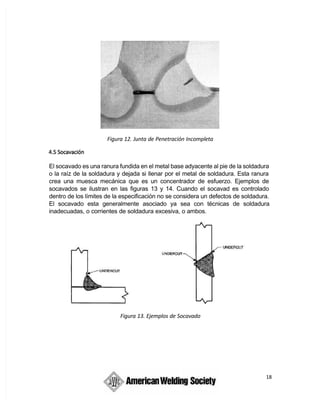 18
Figura 12. Junta de Penetración Incompleta
El socavado es una ranura fundida en el metal base adyacente al pie de la soldadura
o la raíz de la soldadura y dejada si llenar por el metal de soldadura. Esta ranura
crea una muesca mecánica que es un concentrador de esfuerzo. Ejemplos de
socavados se ilustran en las figuras 13 y 14. Cuando el socavad es controlado
dentro de los límites de la especificación no se considera un defectos de soldadura.
El socavado esta generalmente asociado ya sea con técnicas de soldadura
inadecuadas, o corrientes de soldadura excesiva, o ambos.
Figura 13. Ejemplos de Socavado
 