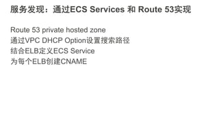 服务发现：通过ECS Services 和 Route 53实现
Route 53 private hosted zone
通过VPC DHCP Option设置搜索路径
结合ELB定义ECS Service
为每个ELB创建CNAME
 