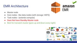 EMR Architecture
● Master node
● Core nodes - like data nodes (with storage: HDFS)
● Task nodes - (extends compute)
● Does...