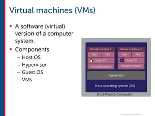  A software (virtual)
version of a computer
system.
 Components
– Host OS
– Hypervisor
– Guest OS
– VMs
 