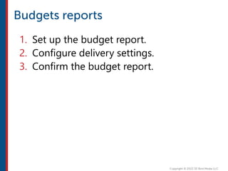 1. Set up the budget report.
2. Configure delivery settings.
3. Confirm the budget report.
 