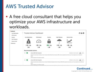  A free cloud consultant that helps you
optimize your AWS infrastructure and
workloads.
Continued…
 