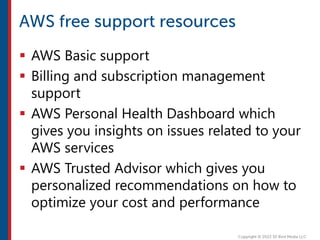 AWS Basic support
 Billing and subscription management
support
 AWS Personal Health Dashboard which
gives you insights on issues related to your
AWS services
 AWS Trusted Advisor which gives you
personalized recommendations on how to
optimize your cost and performance
 