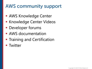  AWS Knowledge Center
 Knowledge Center Videos
 Developer forums
 AWS documentation
 Training and Certification
 Twitter
 