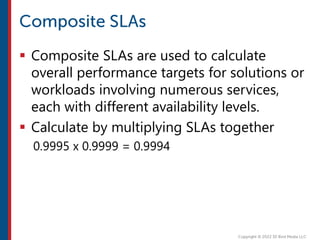  Composite SLAs are used to calculate
overall performance targets for solutions or
workloads involving numerous services,
each with different availability levels.
 Calculate by multiplying SLAs together
0.9995 x 0.9999 = 0.9994
 