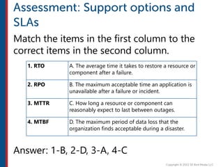 Match the items in the first column to the
correct items in the second column.
Answer: 1-B, 2-D, 3-A, 4-C
1. RTO A. The average time it takes to restore a resource or
component after a failure.
2. RPO B. The maximum acceptable time an application is
unavailable after a failure or incident.
3. MTTR C. How long a resource or component can
reasonably expect to last between outages.
4. MTBF D. The maximum period of data loss that the
organization finds acceptable during a disaster.
 