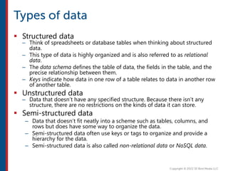  Structured data
– Think of spreadsheets or database tables when thinking about structured
data.
– This type of data is highly organized and is also referred to as relational
data.
– The data schema defines the table of data, the fields in the table, and the
precise relationship between them.
– Keys indicate how data in one row of a table relates to data in another row
of another table.
 Unstructured data
– Data that doesn’t have any specified structure. Because there isn’t any
structure, there are no restrictions on the kinds of data it can store.
 Semi-structured data
– Data that doesn’t fit neatly into a scheme such as tables, columns, and
rows but does have some way to organize the data.
– Semi-structured data often use keys or tags to organize and provide a
hierarchy for the data.
– Semi-structured data is also called non-relational data or NoSQL data.
 
