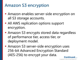  Amazon enables server-side encryption on
all S3 storage accounts.
 All AWS replication options support
encryption.
 Amazon S3 encrypts stored data regardless
of performance tier, access tier, or
deployment model.
 Amazon S3 server-side encryption uses
256-bit Advanced Encryption Standard
(AES-256) to encrypt your data.
Continued…
 