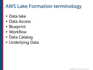  Data lake
 Data Access
 Blueprint
 Workflow
 Data Catalog
 Underlying Data
 