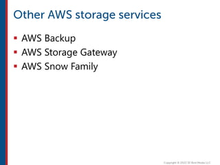  AWS Backup
 AWS Storage Gateway
 AWS Snow Family
 