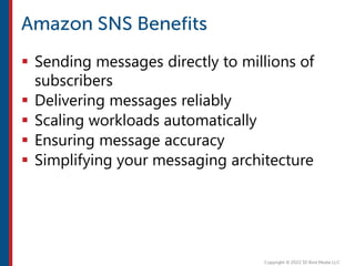  Sending messages directly to millions of
subscribers
 Delivering messages reliably
 Scaling workloads automatically
 Ensuring message accuracy
 Simplifying your messaging architecture
 