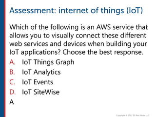Which of the following is an AWS service that
allows you to visually connect these different
web services and devices when building your
IoT applications? Choose the best response.
A. IoT Things Graph
B. IoT Analytics
C. IoT Events
D. IoT SiteWise
A
 