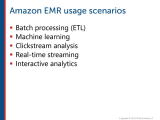  Batch processing (ETL)
 Machine learning
 Clickstream analysis
 Real-time streaming
 Interactive analytics
 