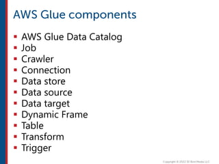  AWS Glue Data Catalog
 Job
 Crawler
 Connection
 Data store
 Data source
 Data target
 Dynamic Frame
 Table
 Transform
 Trigger
 