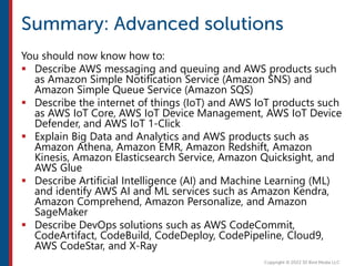 You should now know how to:
 Describe AWS messaging and queuing and AWS products such
as Amazon Simple Notification Service (Amazon SNS) and
Amazon Simple Queue Service (Amazon SQS)
 Describe the internet of things (IoT) and AWS IoT products such
as AWS IoT Core, AWS IoT Device Management, AWS IoT Device
Defender, and AWS IoT 1-Click
 Explain Big Data and Analytics and AWS products such as
Amazon Athena, Amazon EMR, Amazon Redshift, Amazon
Kinesis, Amazon Elasticsearch Service, Amazon Quicksight, and
AWS Glue
 Describe Artificial Intelligence (AI) and Machine Learning (ML)
and identify AWS AI and ML services such as Amazon Kendra,
Amazon Comprehend, Amazon Personalize, and Amazon
SageMaker
 Describe DevOps solutions such as AWS CodeCommit,
CodeArtifact, CodeBuild, CodeDeploy, CodePipeline, Cloud9,
AWS CodeStar, and X-Ray
 