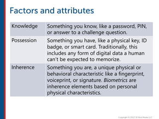 Knowledge Something you know, like a password, PIN,
or answer to a challenge question.
Possession Something you have, like a physical key, ID
badge, or smart card. Traditionally, this
includes any form of digital data a human
can’t be expected to memorize.
Inherence Something you are, a unique physical or
behavioral characteristic like a fingerprint,
voiceprint, or signature. Biometrics are
inherence elements based on personal
physical characteristics.
 