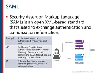  Security Assertion Markup Language
(SAML) is an open XML-based standard
that’s used to exchange authentication and
authorization information.
Principal A client seeking to be
authenticated, typically an end-
user.
IdP An Identity Provider is an
authentication server that holds a
directory of users and their
permissions. SAML federations can
have any number of IdPs.
SP A Service Provider is a server
containing resources, such as a
web application.
 