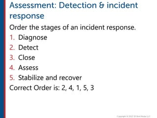 Order the stages of an incident response.
1. Diagnose
2. Detect
3. Close
4. Assess
5. Stabilize and recover
Correct Order is: 2, 4, 1, 5, 3
 