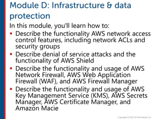 In this module, you'll learn how to:
 Describe the functionality AWS network access
control features, including network ACLs and
security groups
 Describe denial of service attacks and the
functionality of AWS Shield
 Describe the functionality and usage of AWS
Network Firewall, AWS Web Application
Firewall (WAF), and AWS Firewall Manager
 Describe the functionality and usage of AWS
Key Management Service (KMS), AWS Secrets
Manager, AWS Certificate Manager, and
Amazon Macie
 