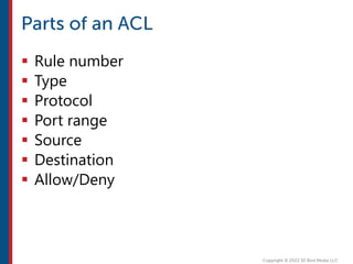  Rule number
 Type
 Protocol
 Port range
 Source
 Destination
 Allow/Deny
 