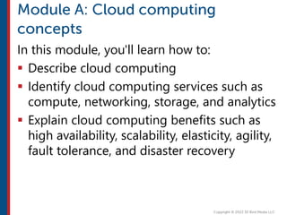 In this module, you'll learn how to:
 Describe cloud computing
 Identify cloud computing services such as
compute, networking, storage, and analytics
 Explain cloud computing benefits such as
high availability, scalability, elasticity, agility,
fault tolerance, and disaster recovery
 