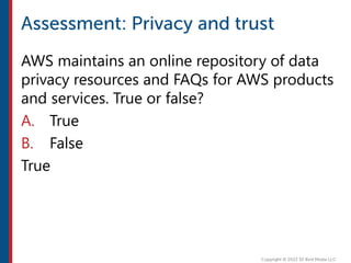 AWS maintains an online repository of data
privacy resources and FAQs for AWS products
and services. True or false?
A. True
B. False
True
 