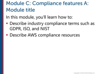 In this module, you'll learn how to:
 Describe industry compliance terms such as
GDPR, ISO, and NIST
 Describe AWS compliance resources
 