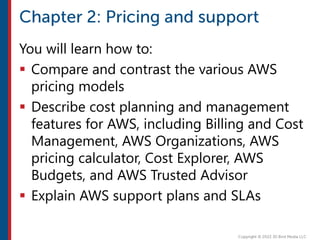 You will learn how to:
 Compare and contrast the various AWS
pricing models
 Describe cost planning and management
features for AWS, including Billing and Cost
Management, AWS Organizations, AWS
pricing calculator, Cost Explorer, AWS
Budgets, and AWS Trusted Advisor
 Explain AWS support plans and SLAs
 