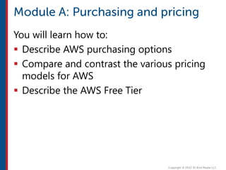 You will learn how to:
 Describe AWS purchasing options
 Compare and contrast the various pricing
models for AWS
 Describe the AWS Free Tier
 