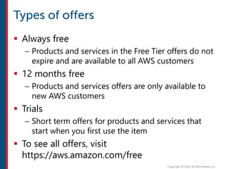  Always free
– Products and services in the Free Tier offers do not
expire and are available to all AWS customers
 12 months free
– Products and services offers are only available to
new AWS customers
 Trials
– Short term offers for products and services that
start when you first use the item
 To see all offers, visit
https://aws.amazon.com/free
 
