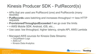 sundog-education.com
datacumulus.com
© 2024 All Rights Reserved Worldwide
Kinesis Producer SDK - PutRecord(s)
• APIs that are used are PutRecord (one) and PutRecords (many
records)
• PutRecords uses batching and increases throughput => less HTTP
requests
• ProvisionedThroughputExceeded if we go over the limits
• + AWS Mobile SDK: Android, iOS, etc...
• Use case: low throughput, higher latency, simple API, AWS Lambda
• Managed AWS sources for Kinesis Data Streams:
• CloudWatch Logs
• AWS IoT
• Kinesis Data Analytics
 