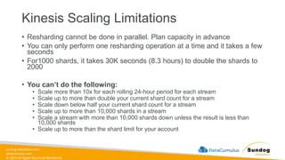 sundog-education.com
datacumulus.com
© 2024 All Rights Reserved Worldwide
Kinesis Scaling Limitations
• Resharding cannot be done in parallel. Plan capacity in advance
• You can only perform one resharding operation at a time and it takes a few
seconds
• For1000 shards, it takes 30K seconds (8.3 hours) to double the shards to
2000
• You can’t do the following:
• Scale more than 10x for each rolling 24-hour period for each stream
• Scale up to more than double your current shard count for a stream
• Scale down below half your current shard count for a stream
• Scale up to more than 10,000 shards in a stream
• Scale a stream with more than 10,000 shards down unless the result is less than
10,000 shards
• Scale up to more than the shard limit for your account
 