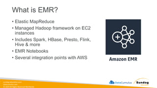sundog-education.com
datacumulus.com
© 2024 All Rights Reserved Worldwide
What is EMR?
• Elastic MapReduce
• Managed Hadoop framework on EC2
instances
• Includes Spark, HBase, Presto, Flink,
Hive & more
• EMR Notebooks
• Several integration points with AWS
 