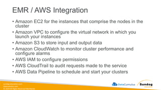 sundog-education.com
datacumulus.com
© 2024 All Rights Reserved Worldwide
EMR / AWS Integration
• Amazon EC2 for the instances that comprise the nodes in the
cluster
• Amazon VPC to configure the virtual network in which you
launch your instances
• Amazon S3 to store input and output data
• Amazon CloudWatch to monitor cluster performance and
configure alarms
• AWS IAM to configure permissions
• AWS CloudTrail to audit requests made to the service
• AWS Data Pipeline to schedule and start your clusters
 