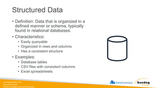 sundog-education.com
datacumulus.com
© 2024 All Rights Reserved Worldwide
Structured Data
• Definition: Data that is organized in a
defined manner or schema, typically
found in relational databases.
• Characteristics:
• Easily queryable
• Organized in rows and columns
• Has a consistent structure
• Examples:
• Database tables
• CSV files with consistent columns
• Excel spreadsheets
 