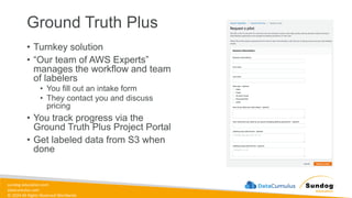 sundog-education.com
datacumulus.com
© 2024 All Rights Reserved Worldwide
Ground Truth Plus
• Turnkey solution
• “Our team of AWS Experts”
manages the workflow and team
of labelers
• You fill out an intake form
• They contact you and discuss
pricing
• You track progress via the
Ground Truth Plus Project Portal
• Get labeled data from S3 when
done
 