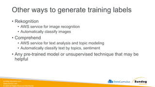 sundog-education.com
datacumulus.com
© 2024 All Rights Reserved Worldwide
Other ways to generate training labels
• Rekognition
• AWS service for image recognition
• Automatically classify images
• Comprehend
• AWS service for text analysis and topic modeling
• Automatically classify text by topics, sentiment
• Any pre-trained model or unsupervised technique that may be
helpful
 